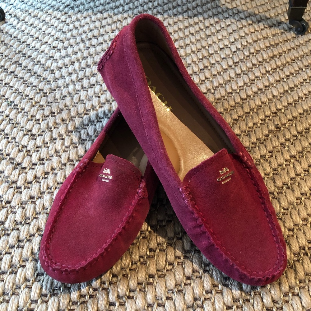 Red suede leather coach moccasins